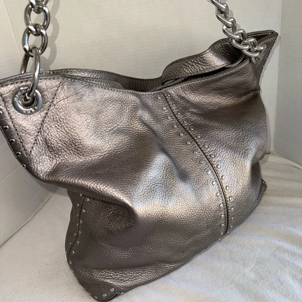 Michael Kors Metallic Gray Leather Studded Chain Strap Satchel Shoulder Bag